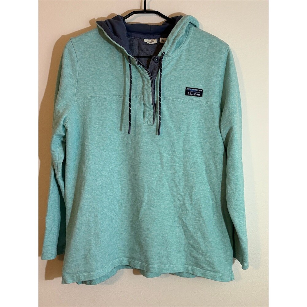 L.L.Bean Womens XL Rugby Henley Hoodie Pullover Sweatshirt Teal Blue